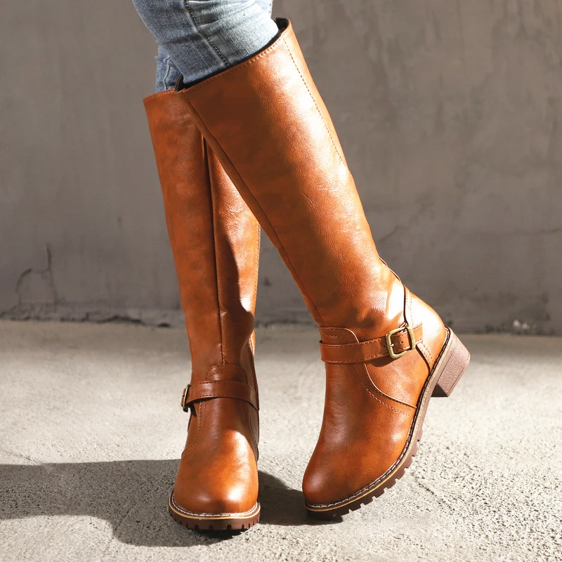 Женские сапоги зимние до колена женская обувь Модные женские с круглым носком