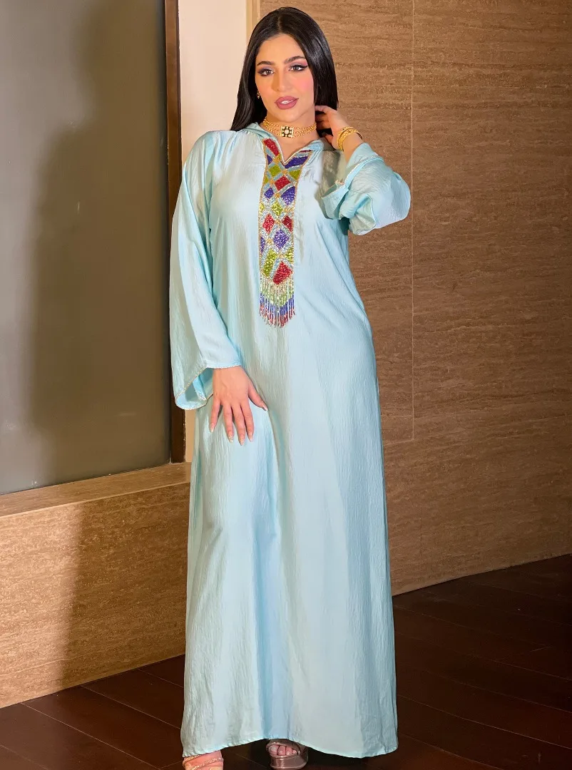 Мусульманское платье с капюшоном Abaya, марокканский кафтан для женщин, модное свободное платье с бисером, кисточками и длинным рукавом, хиджа...