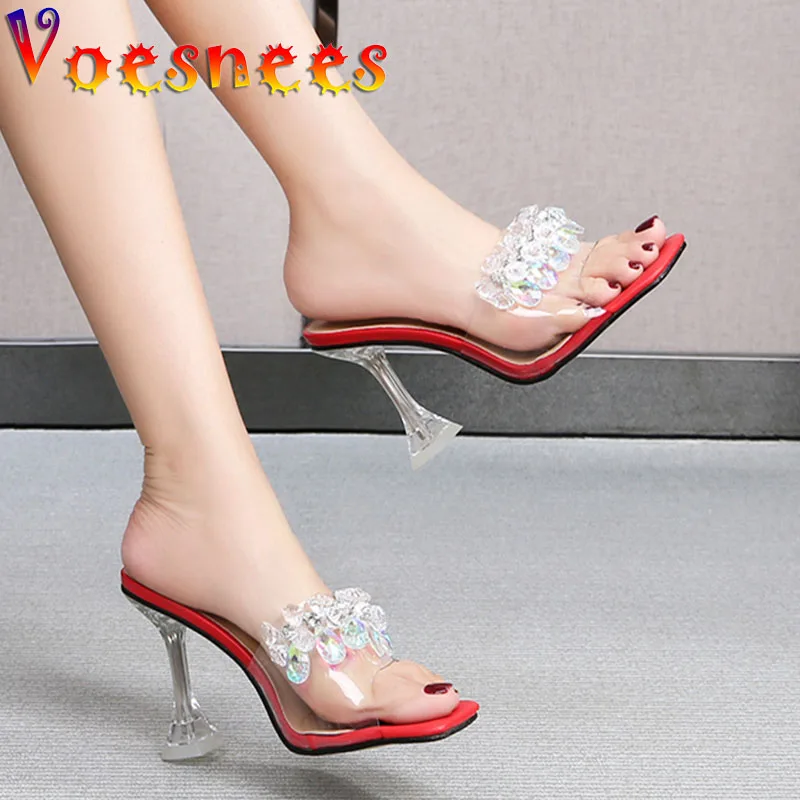 

Voesnees Summer Slippers Women PVC Transparent Diamond Sandals Cup Heel 9cm Crystal Slides High-Heeled Shoes 2021 New Fashion