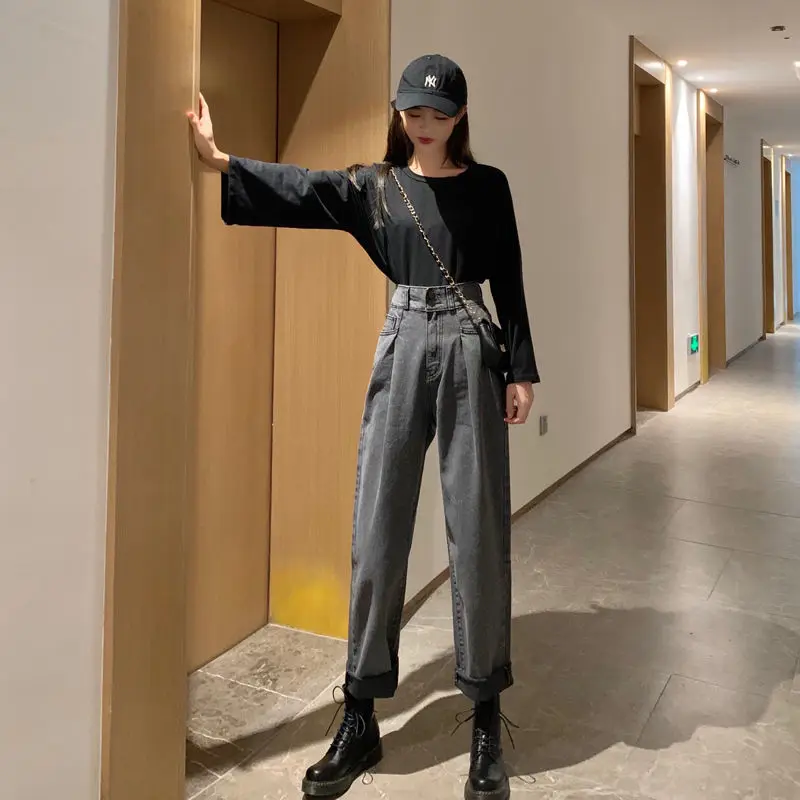 

Spring Korean version ins Retro High Waist loose Harlan jeans women's straight tube show thin, versatile, Dad pants trend