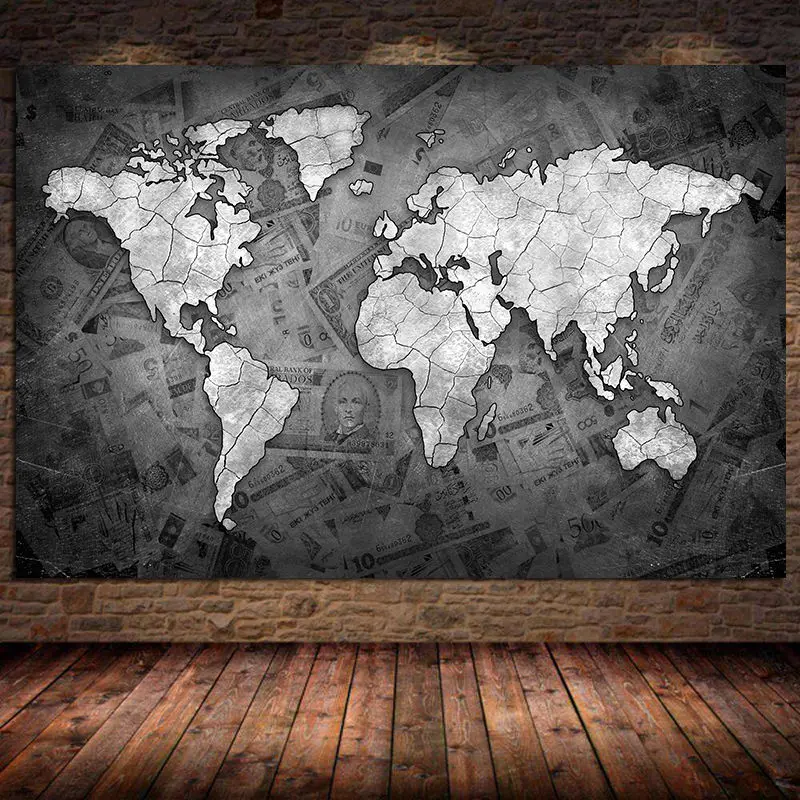 

Black Retro World City Map Canvas Painting Posters and Prints Wall Art Picture for Living Room Cuadros Home Decoration Unframed