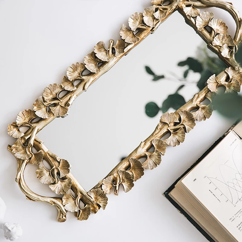 

Ginkgo Leaf Retro Carved Tray Rectangular Mirror Tea Fruit Coffee Dessert Table Storage Tray for Home Decoration