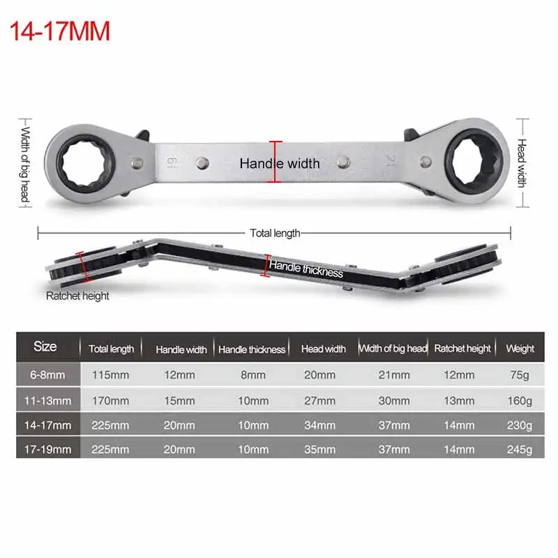 

6-8/17-19/11-13/14-17mmRatchet Wrench Double End Quick Spanner Double End Double Direction Elbow Saving Club Spanner