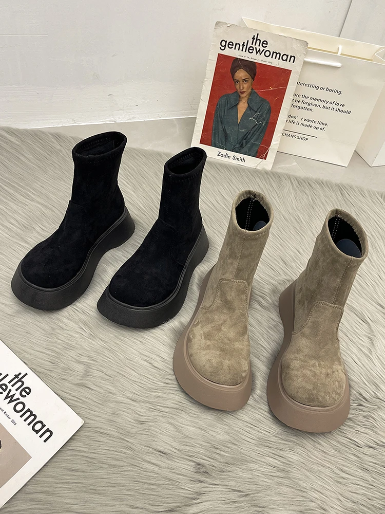 

Ботильоны осенние новые толстые Нескользящие замшевые модные эластичные ботинки Мартин женские ботинки женская обувь