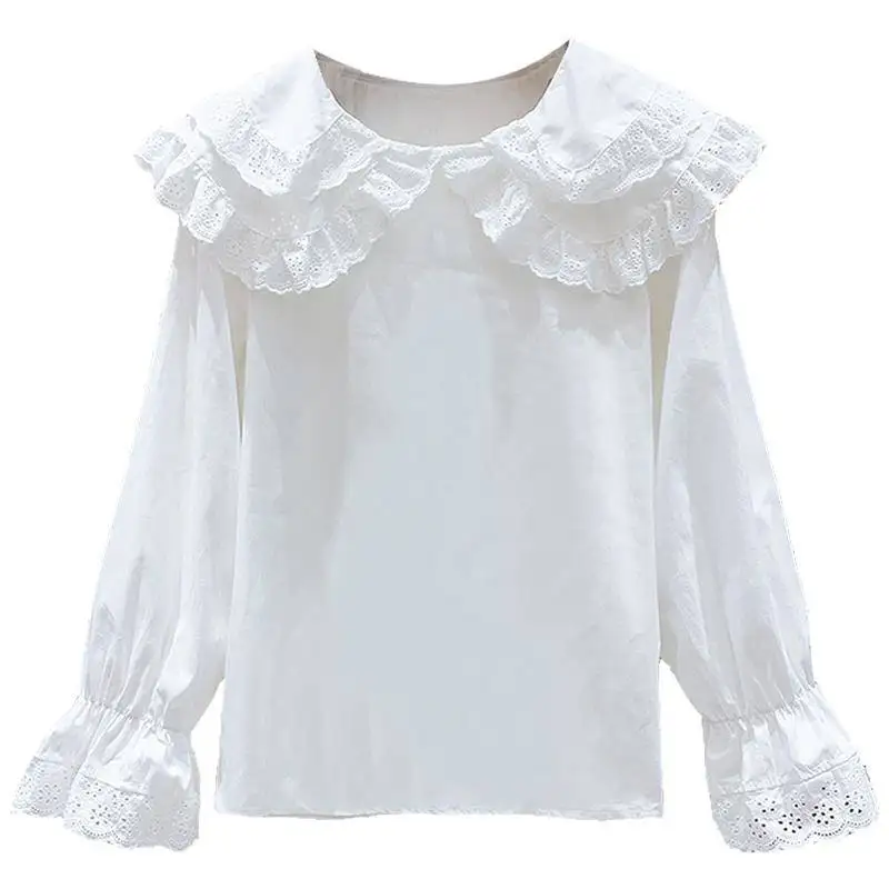

Fashion New Autumn Casual 2020 Camisas Mujer Korean Brief Peter Pan Collar Women Tops Flarre Sleeve Lace Top White