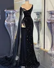 Длинное женское вечернее платье в арабском стиле 2020, сексуальное черное украшенное бисером с большим разрезом, расшитое блестками, Дубай, вечерние платья для выпускного вечера