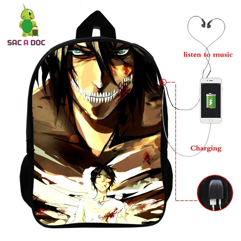 Attack on Titan школьные ранцы для мальчиков с 3D принтом USB зарядка латоп рюкзак сумки