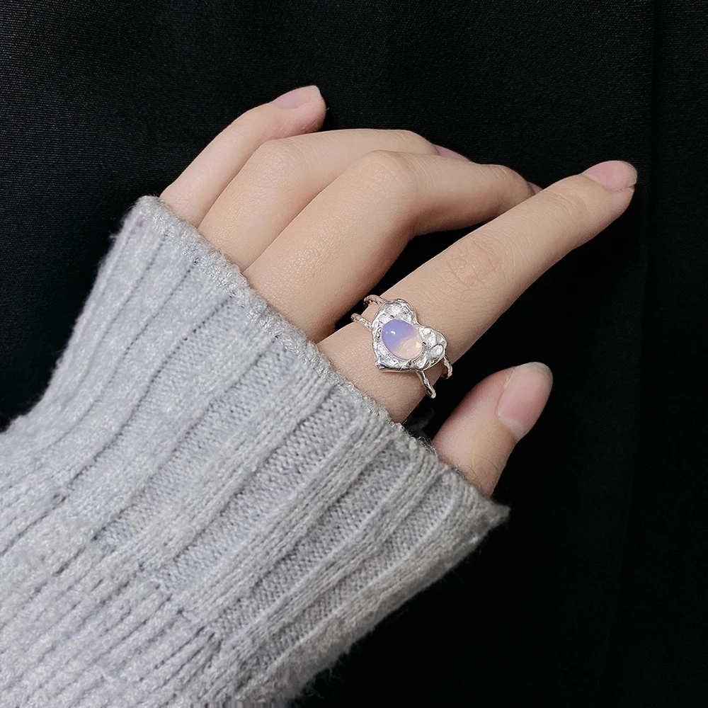 

Silver Color Trendy Crystal Stone Heart-Shape Double-deck Opening Adjustable Ring for Women Design Irregular Surface Jewelry