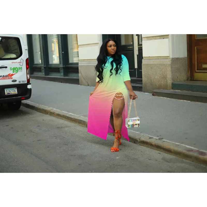 

New Women Summer Sexy Print Loose Slim Three Quarter Sleeve Maxi Women Dress Fashion Women High Side Split Lace Up Long Dresses