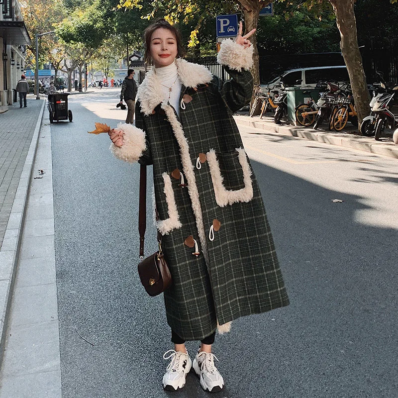 

Lamb Wool Stitching Green Plaid Jackets British All-match Fashion Warm Winter Woolen Trench Coats Women Casacos Feminino Jaqueta