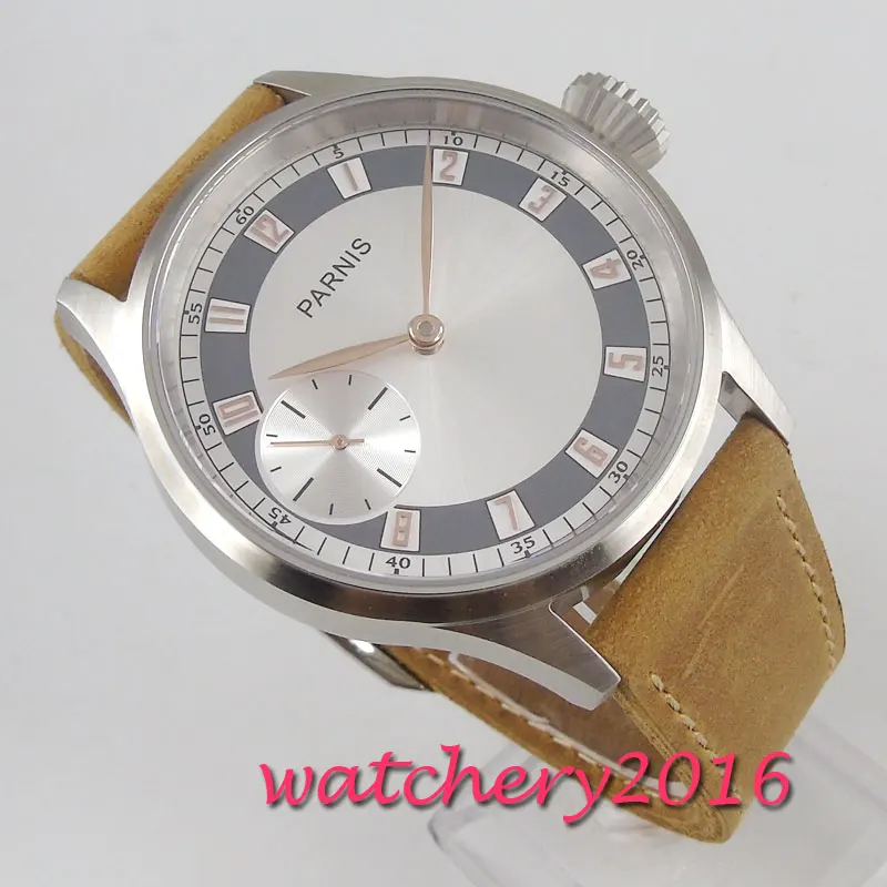 Часы мужские Parnis с белым циферблатом и кожаным ремешком 43 мм покрытием из
