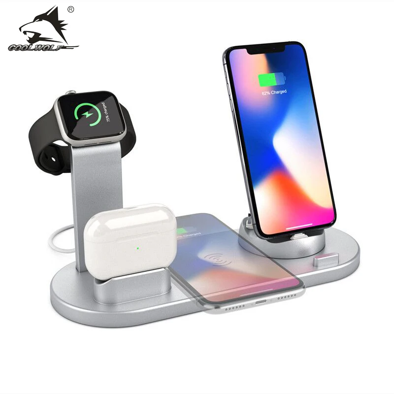 Беспроводная зарядная подставка COOLWOLF 4 в 1 для Apple Watch 6 5 3 iPhone13 12 11 XS XR 8 Airpods Pro 15 Вт