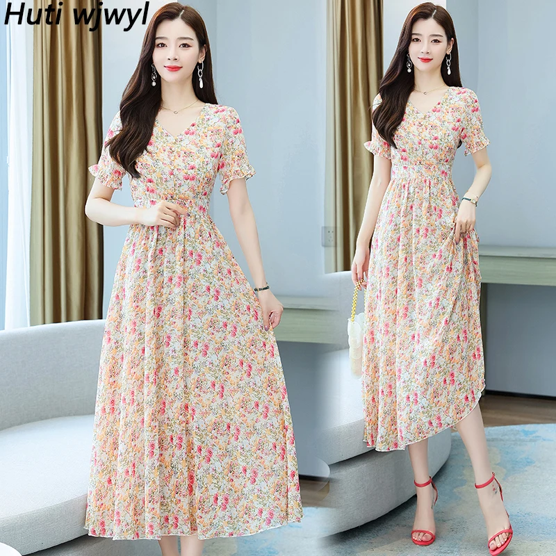 

2022 Summer New Casual Floral Chiffon Beach Boho Light Maxi Dress Vintage Pink Long Sundress Elegant Women Bodycon Party Vestido