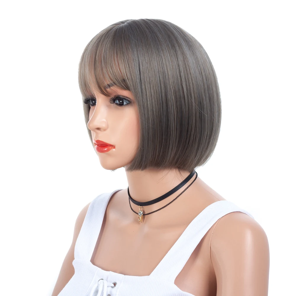 

Natural Ombre Brown Hair Wigs Short Straight Bob Synthetic Wigs with Bangs For Women Cosplay Heat Resistant Wigs