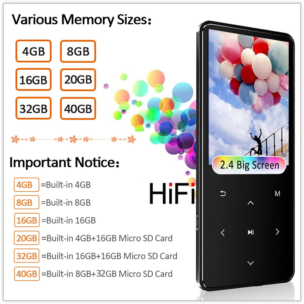 MP3 плеер с Bluetooth, FM-радио, громкоговорителем, наушниками, сенсорными кнопками, 2,4-дюймовым экраном, HiFi Walkman Sport MP3 Flac Music для детей.