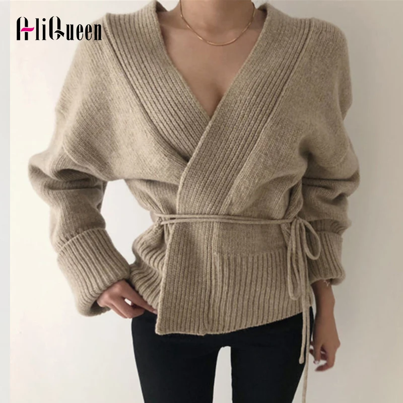 Женский вязаный кардиган с рукавами-фонариками свободный трикотажный свитер