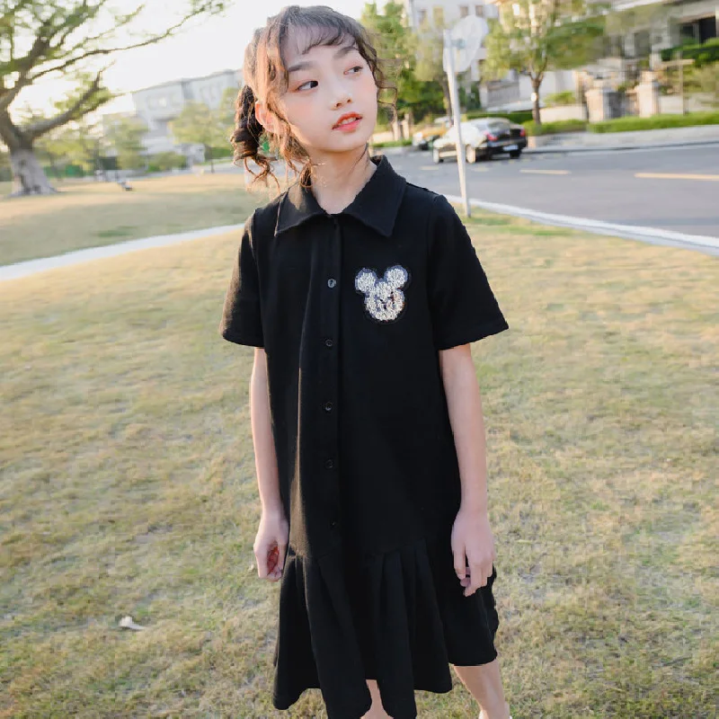 

Black T Shirt Fashion Cotton Girls Short Dress Summer Boutique Outfits Cute Girls Dress Vintage Robe Fille Kid Clothes BW50DR