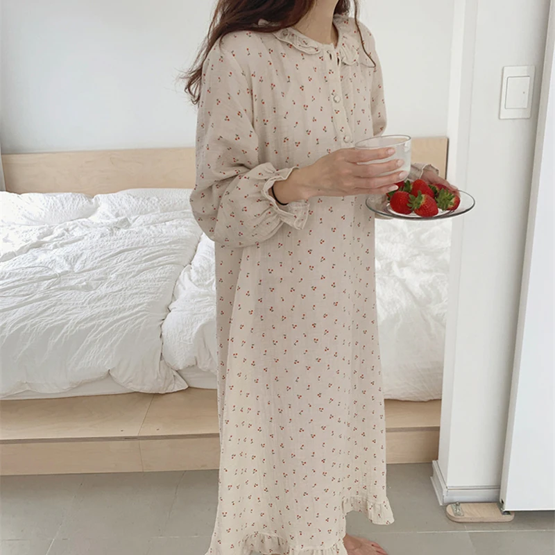 Autumn Ruffle Nightgown Women Cherry Print Sleep Dress Loose Casual Cute Homewear Long Sleeve O-neck Nightdress Sexy Soft S1032
