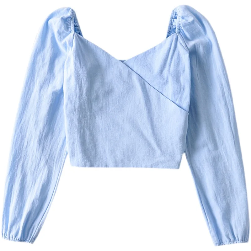 

French Style Sexy Low-Cut Cross V-neck Long Sleeve Shirt Spring Women's Vintage Court Style Puff Sleeve Short Top