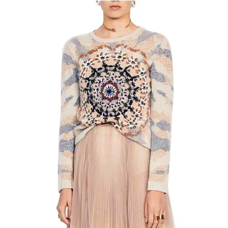 Boho Inspired Embroidered Sweater women Beige crew neck long sleeve pullover autumn winter warm jumper 2019 fashion new tops | Женская