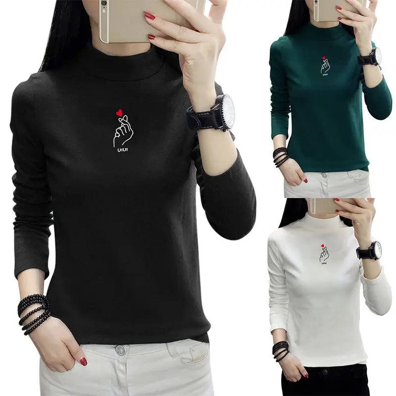 

Women Sweater Winter Warm Half High Collar Loose Long Sleeve Print Bottoming Wild Pullover Knitted Sweater Casual Tops