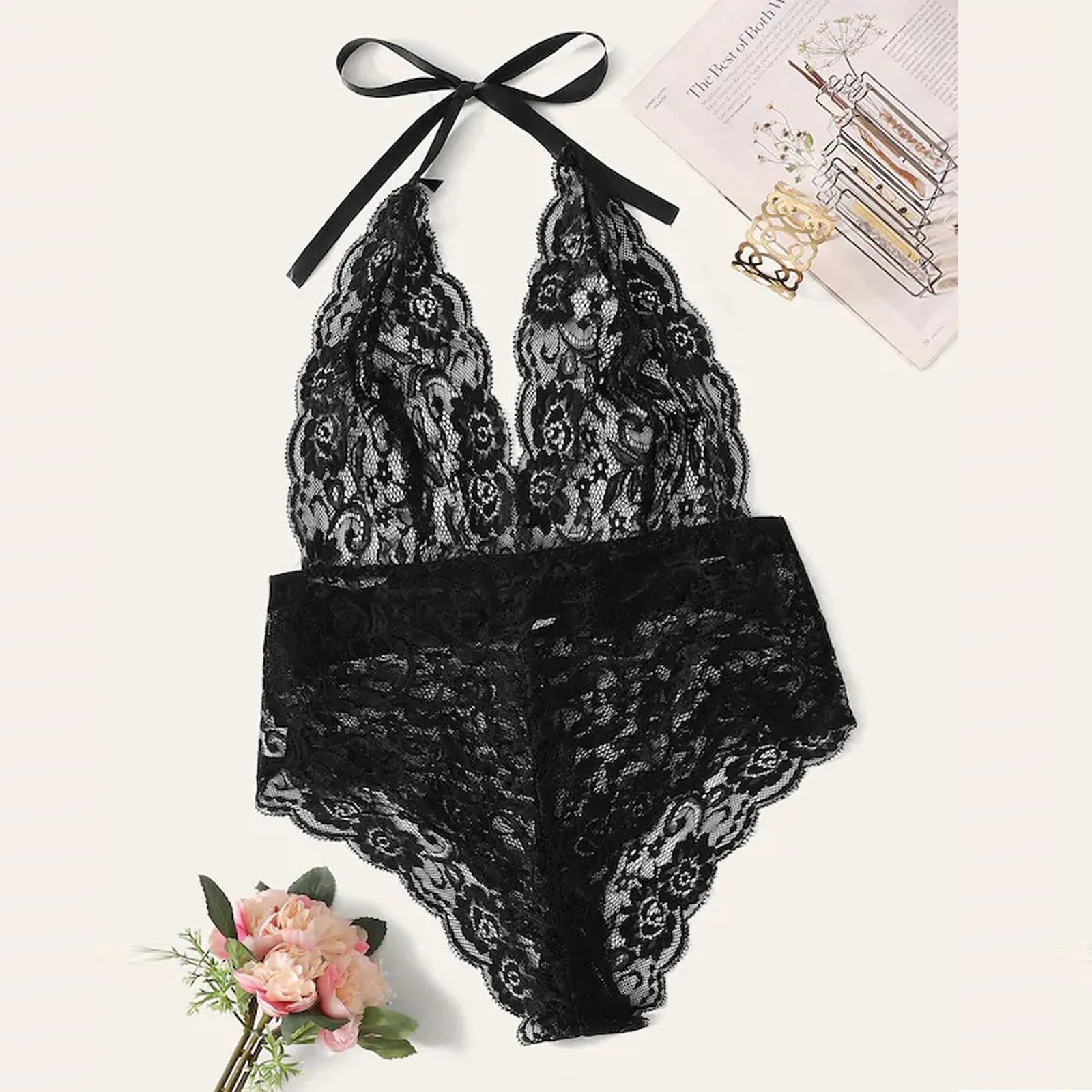 

Black One Piece Womens Sexy Lingerie Hollow Lace Jumpsuit Exotic Apparel Underwear 2021 Valentine's Day Gift Эротическое белье