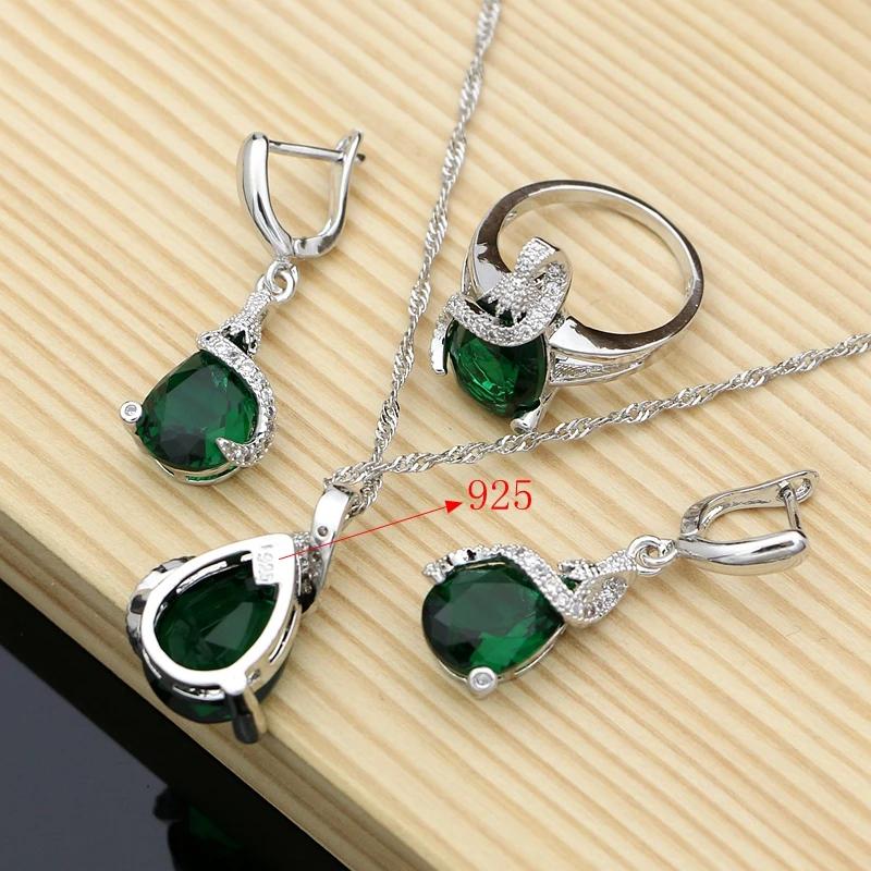925 серебряные ювелирные наборы зеленый CZ для влюбленных серьги с камнями