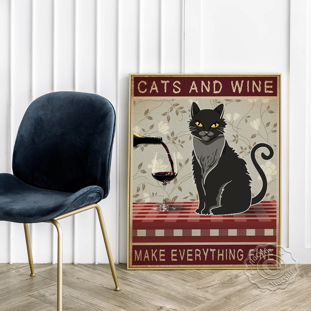 Humor Spoof Любовь Кошки цитаты плакат крутая черная кошка питьевое вино холст