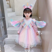 unicorn baby toddler children princess dress rainbow mesh sweet kids party clothes long sleeve sequined fall winter girls outfit