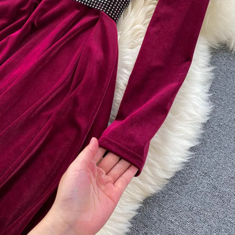 

A line Bandage dresses High waist office Elegant Midi dress Vintage Velvet dress Women 2020 New Autumn Winter Long sleeve