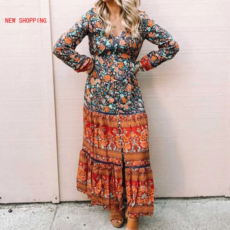 

Women Cottagecore Dress Long Boho Floral Print Spliced Maxi Dresses Women Casual 2021 Spring Summer Dress Long Sleeve vestidos