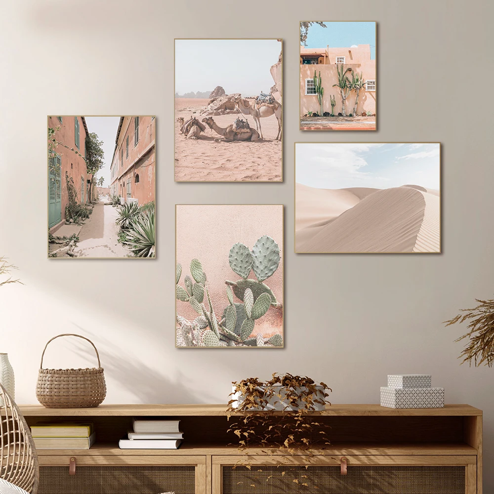 

Morocco pink cactus desert camel landscape wall art canvas painting Nordic posters and prints living room bedroom art decoration