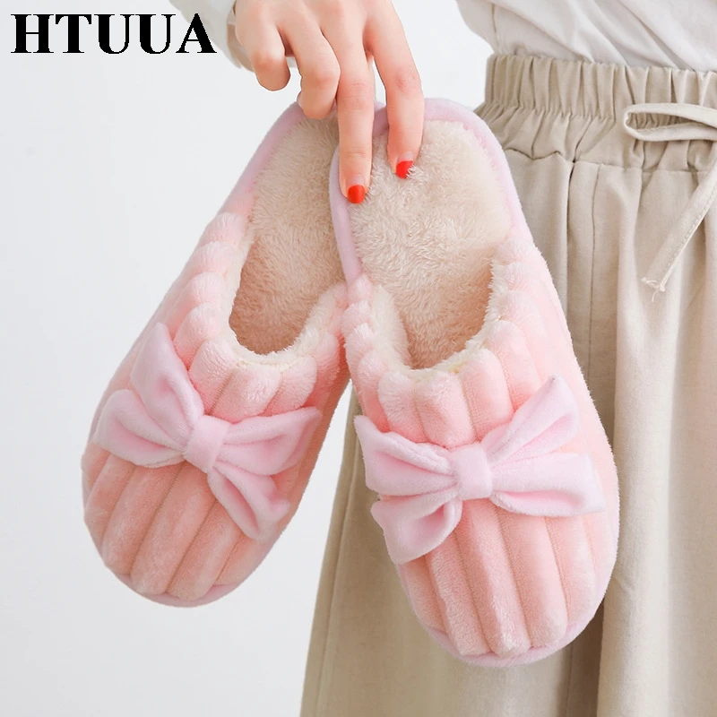 HTUUA/Большие размеры 36 44 Домашние тапочки Удобный бант из флока Мягкая подошва