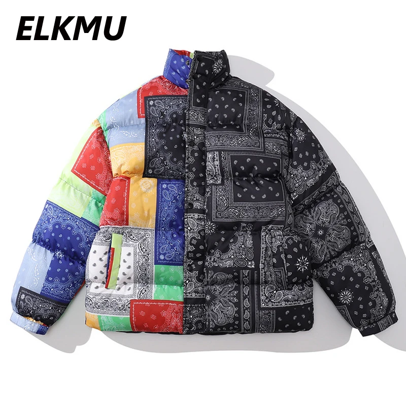 

ELKMU Bandana Paisley Pattern Patchwork Padded Jacket Men Coats Winter Parkas Streetwear Fashion Harajuku Parkas Male HM645