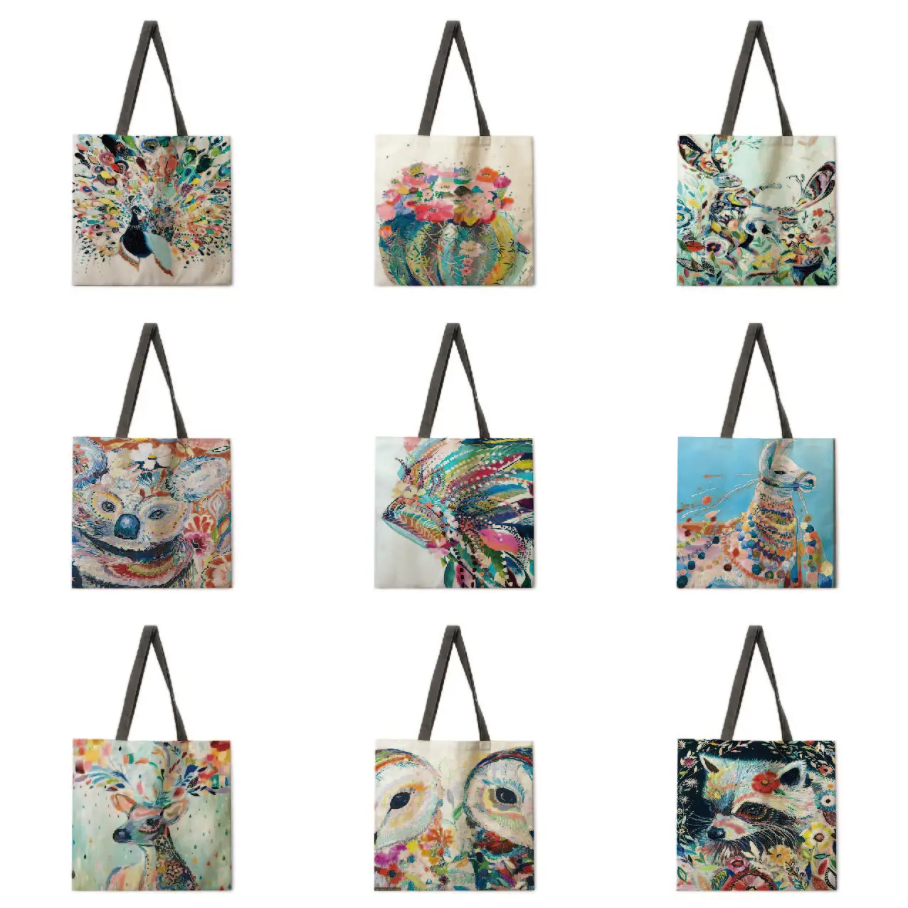

Animal watercolor linen shopping bag female casual handbag shoulder bag fashion beach bag foldable shopping bag