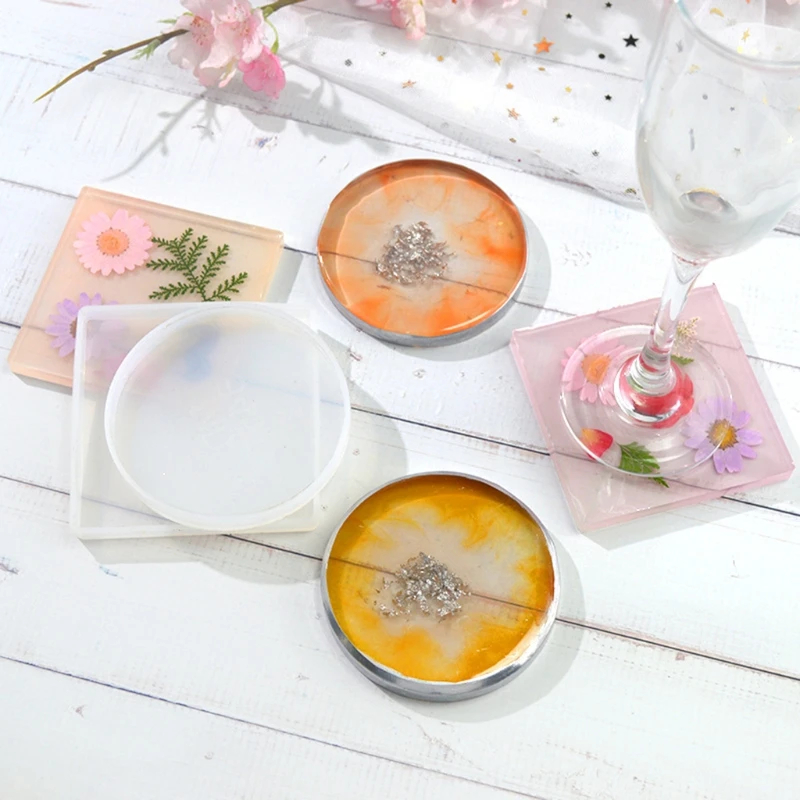 

69HB 2Pcs Round Square Coaster Resin Mold Kit Geode Agate Resin Coaster Molds Glossy Coaster Cup Mats Molds Resin Craft Tools
