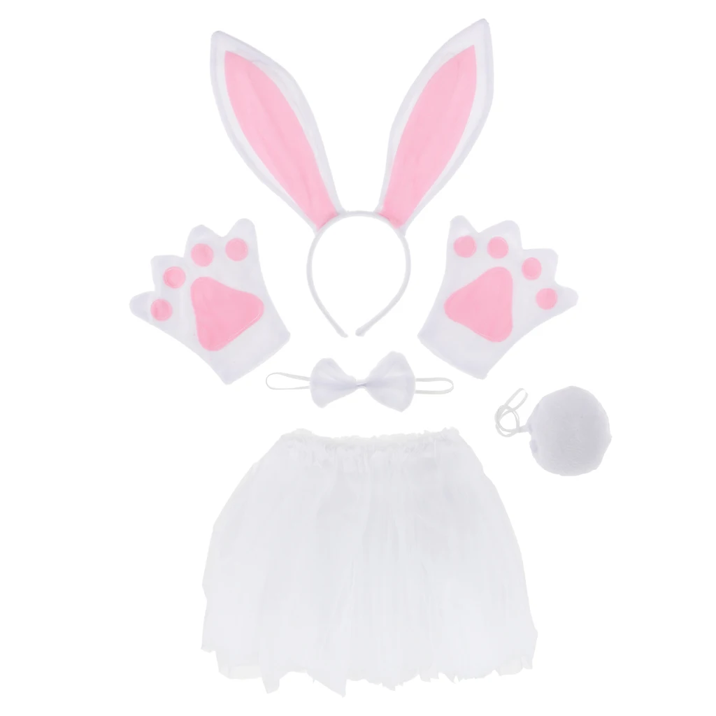 

Easter Girls Women Birthday Pink White Rabbit Costume Set Ear Headband TUTU Skirt Bowtie Gloves Tail Fancy Dress Outfit