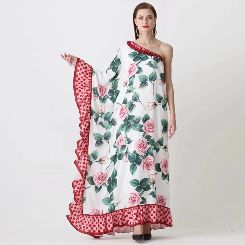 

Custom Plus Size Dress Fashion Newest Arrival Loose Asymmetrical Slash Neck One-Shoulder Ankle-Length Ruffles boho Women Dress