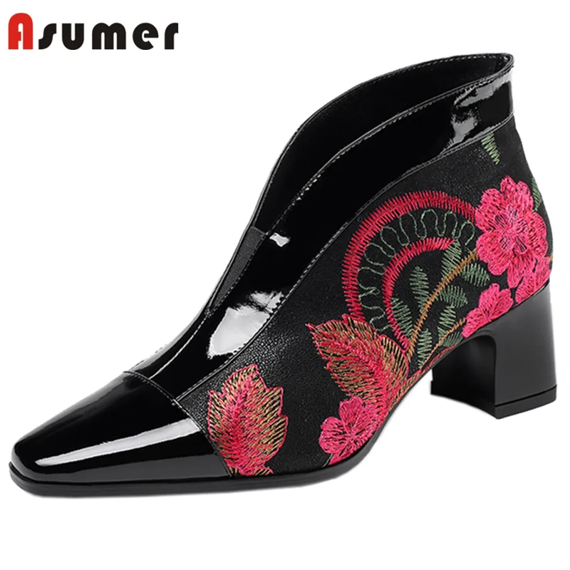 

ASUMER 2020 top quality patent leather ankle boots women embroider Ethnic style high heel shoes woman autumn winter short boots