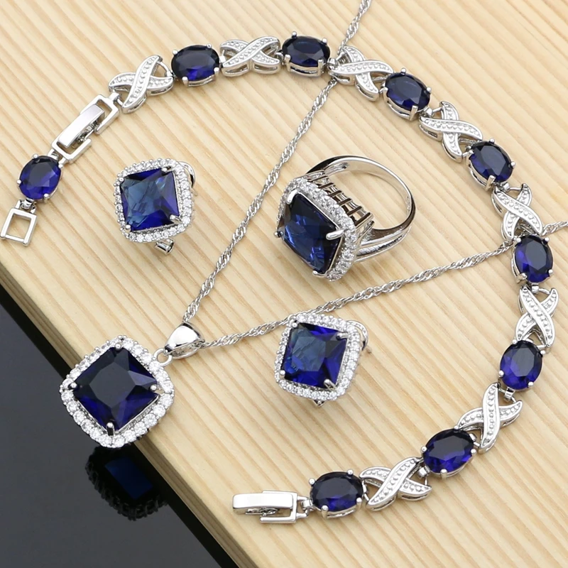 

925 Silver Jewelry Sets Square Blue Sapphire Costume for Women Hoop Earrings Rings Bracelet Necklace Set Dropshipping