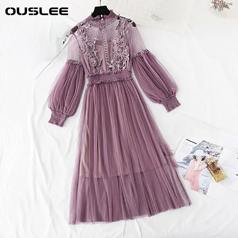 

OUSLEE Spring New Lace Patchwork Women Female O-neck Mesh Fairy Dresses Female Lantern Sleeve Elegant Gauze Princess Party Dress