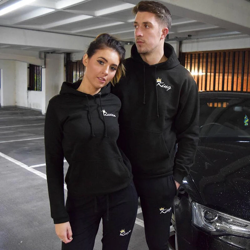 

2018 Autumn Matching Couple Casual Tracksuits Women Men King Queen Print Hooded Hoodies and Pants Suits Lover Christmas Gifts