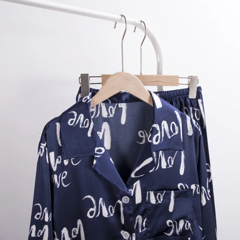 

Long Sleeve Silk 2 Piece Pajamas Men's Summer Lapel Cardigan Button Nightwear Love Print Trousers Satin Pajama Set Pejamas Men