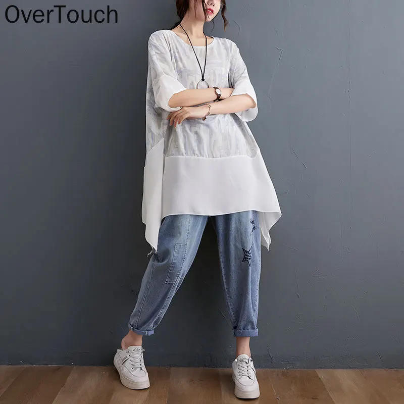 

2021 Plus Size Women T-Shirt White Bat Floral Print Patchwork Chiffon O-Neck Tops Shirt Loose Summer Solid New Tees 5XL