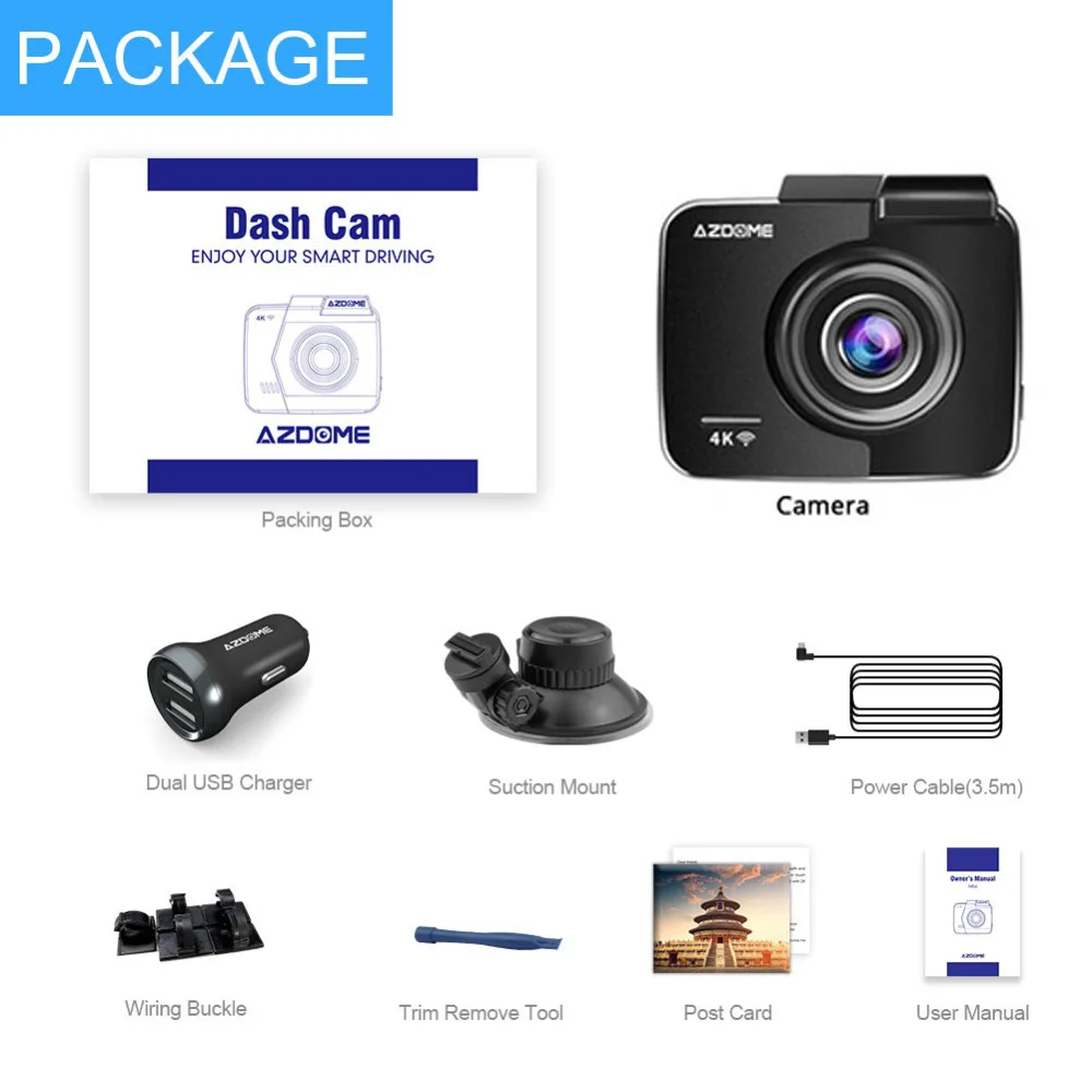 

AZDOME GS63I Dual Lens Built in GPS WiFi FHD 1080P Front + VGA Rear Camera Car DVR Recorder 4K Dash Cam Dashcam WDR Night Vision