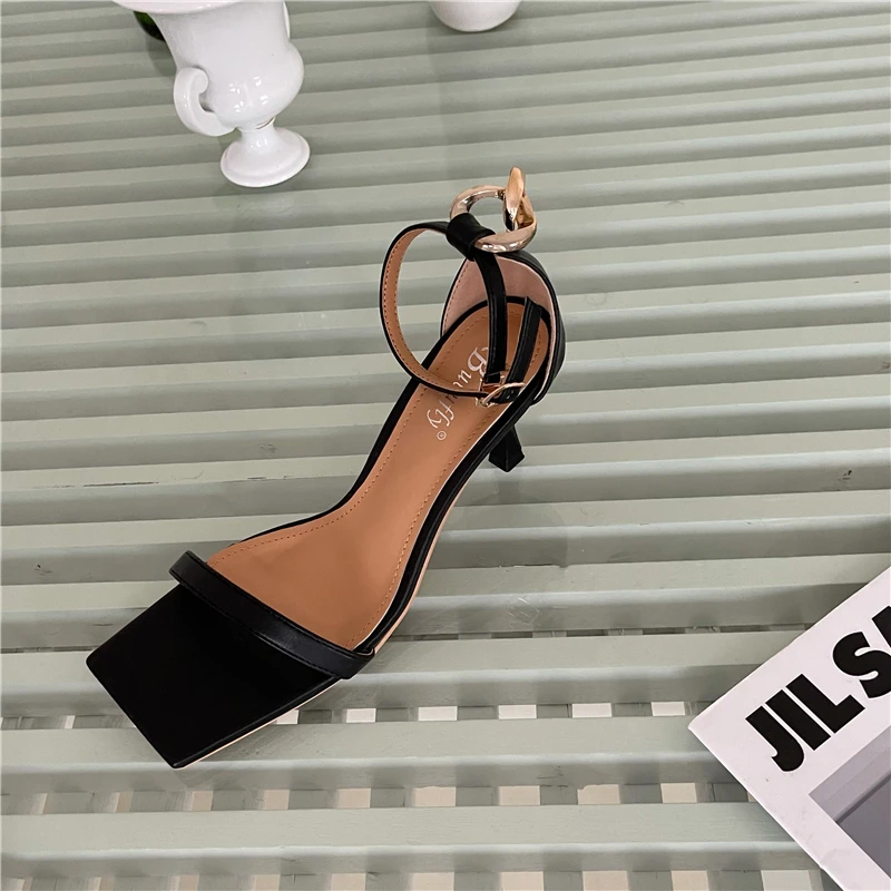 

2021 New Arrivals Square Open Toe Women Sandals Metal Chain Ankle Strap Thin High Heels Party Pumps Shoes Woman Pumps Size 35-39