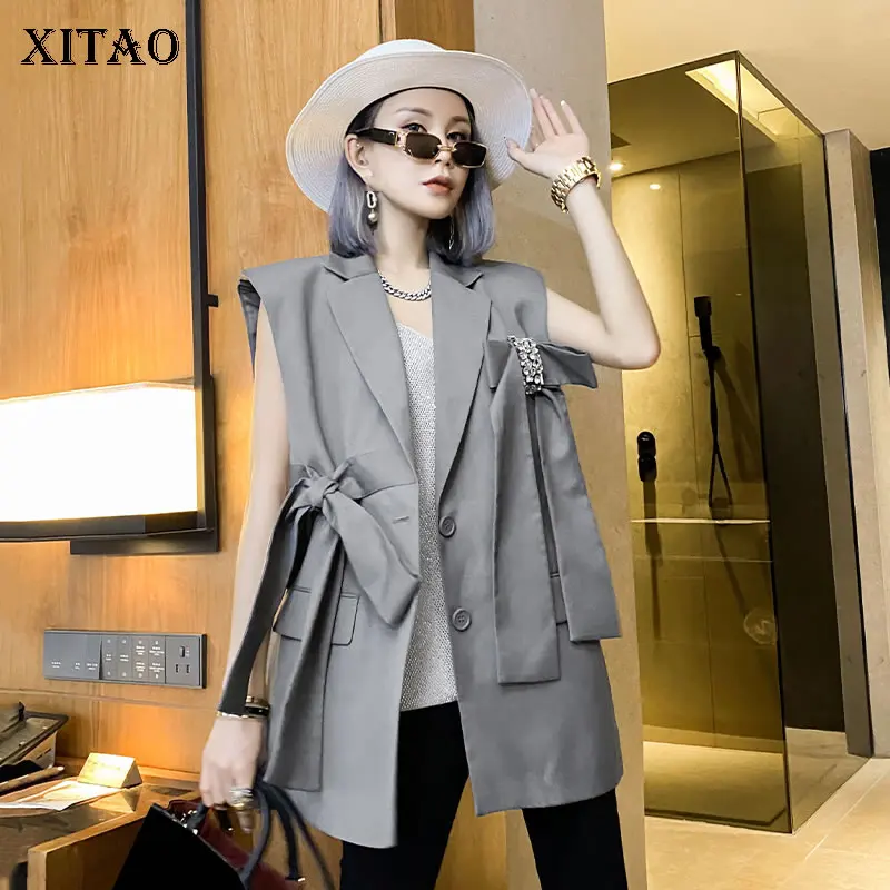 

XITAO Bandage Bow Patchwork Vest Fashion Bright Diamond Decoration 2021 New Women Solid Color Temperament All-match LDD1671