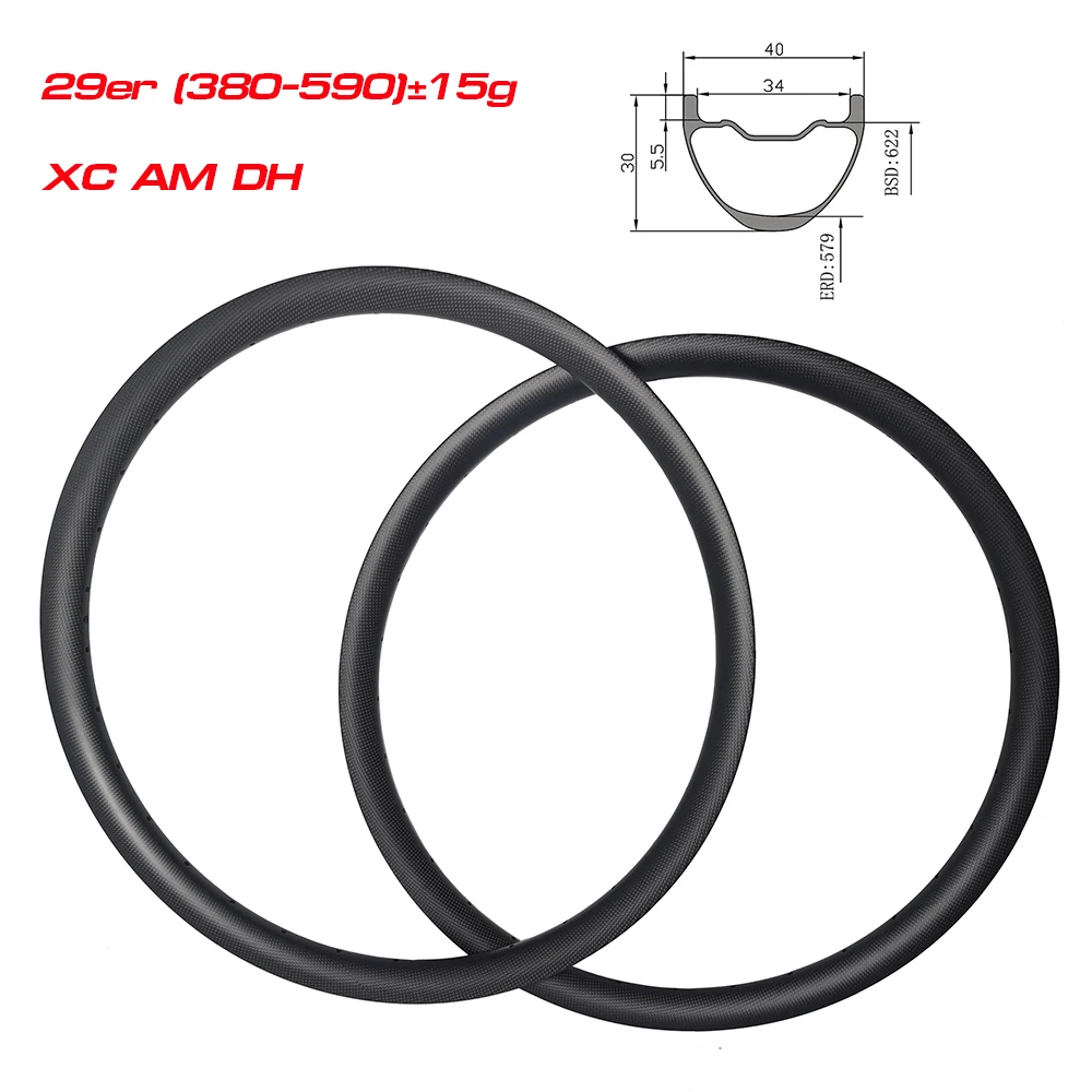 

29er MTB XC AM DH Bicycle Carbon Rims Clincher Tubeless 40mm Width 30mm Depth 34mm Inner Hookless Mountain Bike Wheels UD 3K 12K