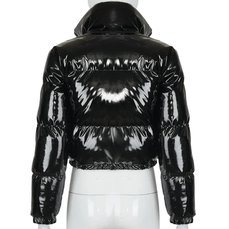 

Bright PU Woman Cropped Puffer Jacket Winter Warm Long Sleeve Stand Collar Zipper Bubble Coats Warm Parka Outwear Mujer Chaqueta