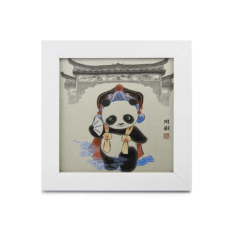 

High quality China luxury Brocade Panda gift Handmade Silk Ribbon Embroidery Canvas Wall Art Home Decoration Chinese opera Panda